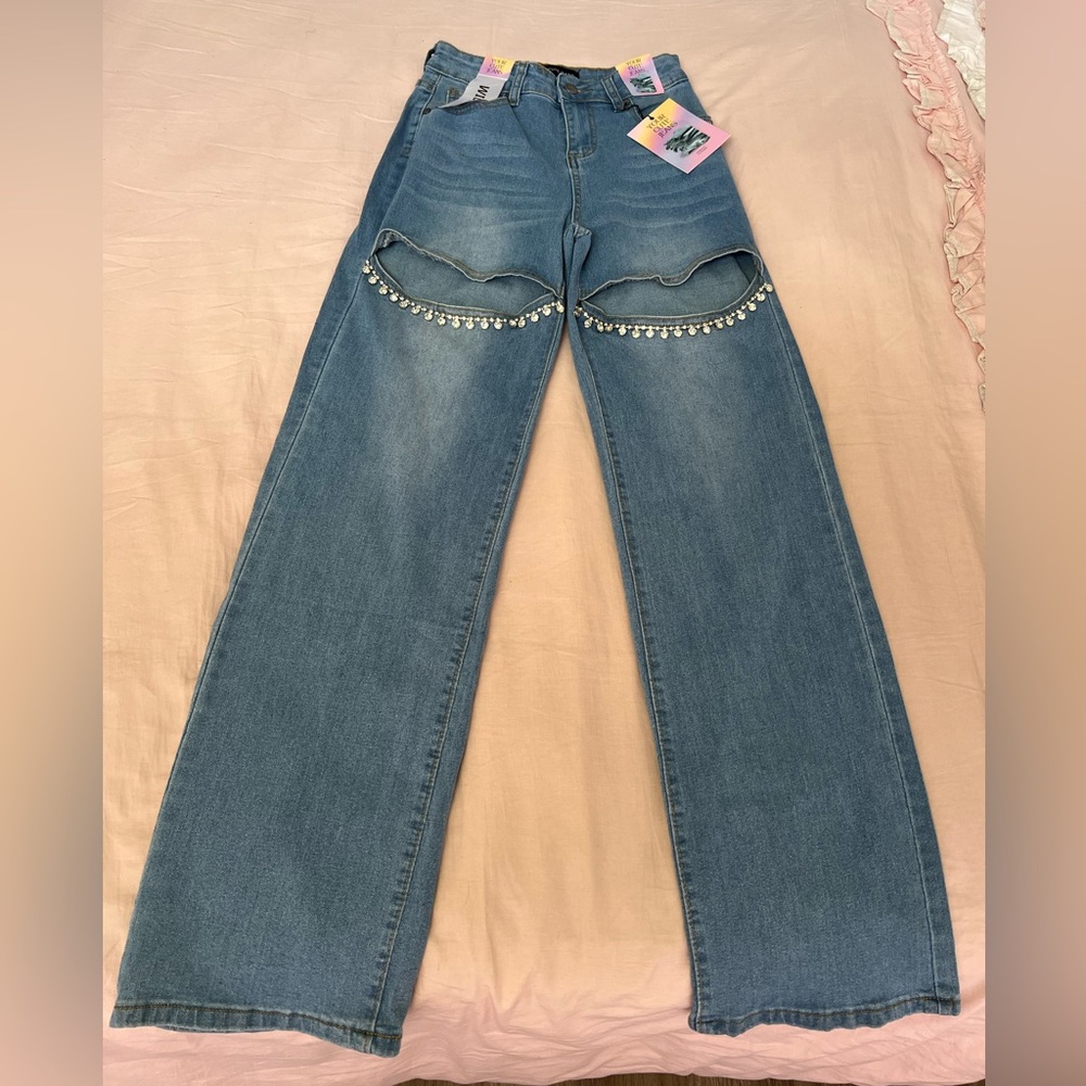 Blue Women's Jeans with Rhinestone Detail